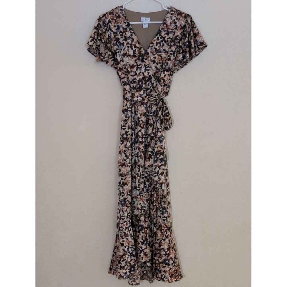 Nicole Miller Brown Floral Faux Wrap Midi Maxi Dress Flutter Sleeve - Size M
